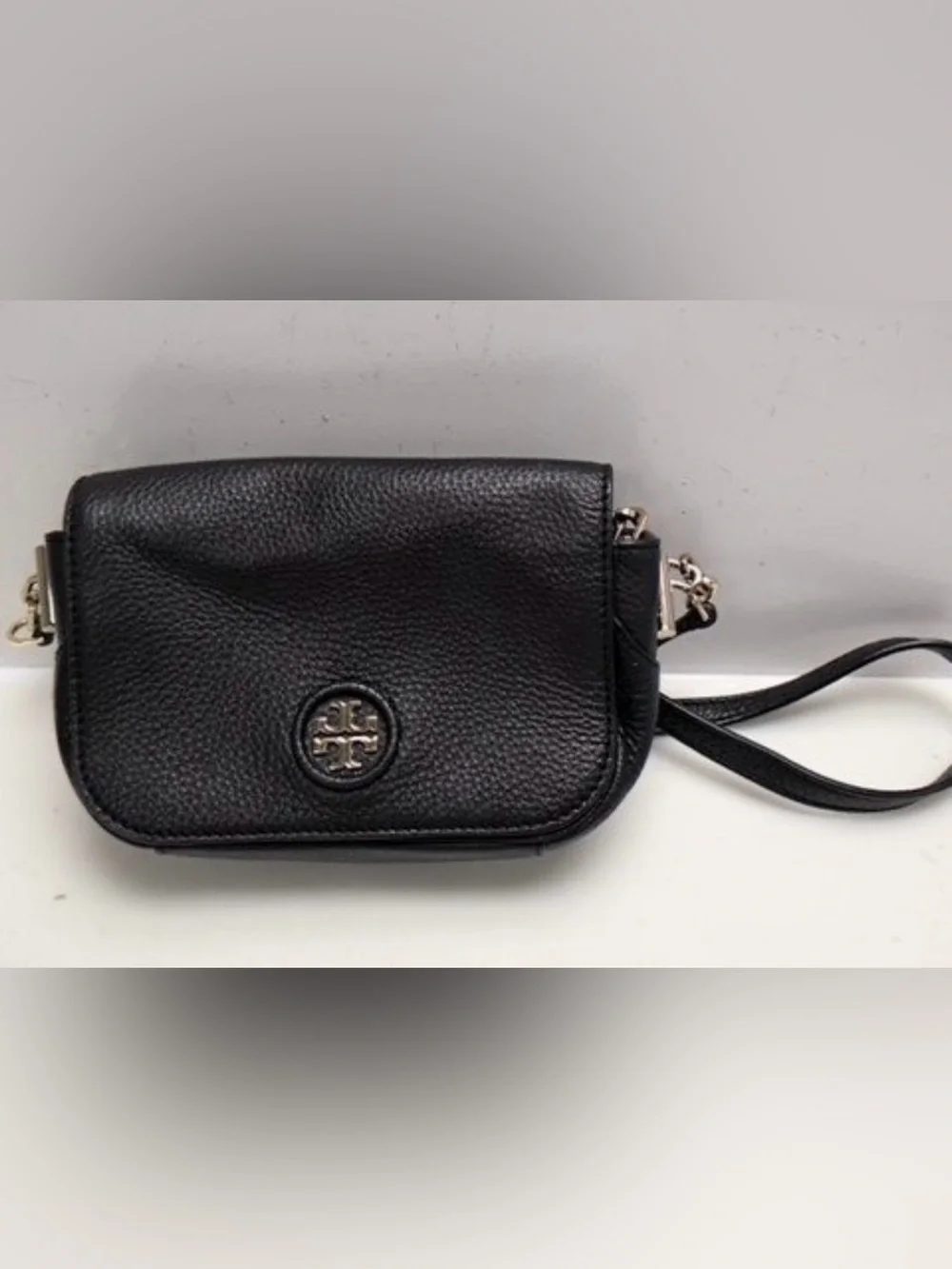 Tory Burch Black Pebbled Leather Logo Crossbody with Chain Strap